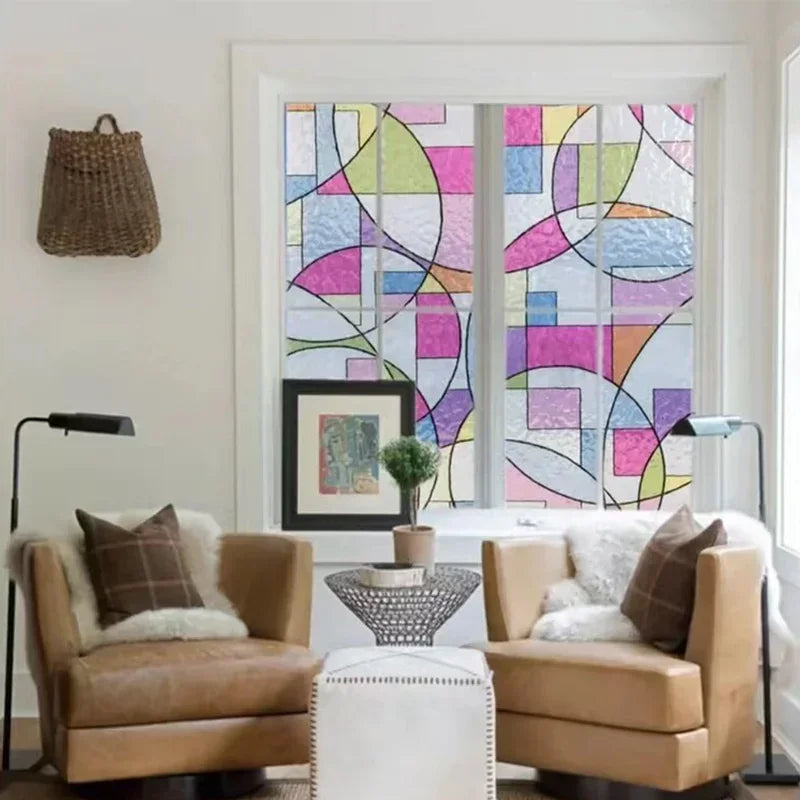 film décoratif fenêtre géométrique multicolore moderne adhésif intimité thermique UV