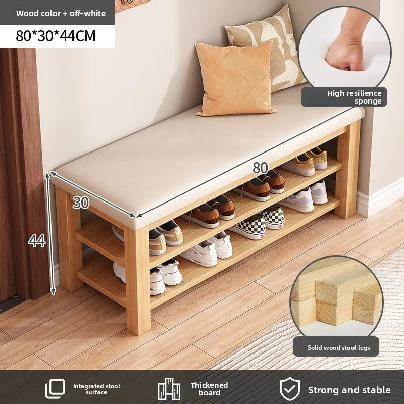 tabouret rangement chaussures bois naturel moderne minimaliste coussin rembourré étagère entrée multifonction adultes seniors