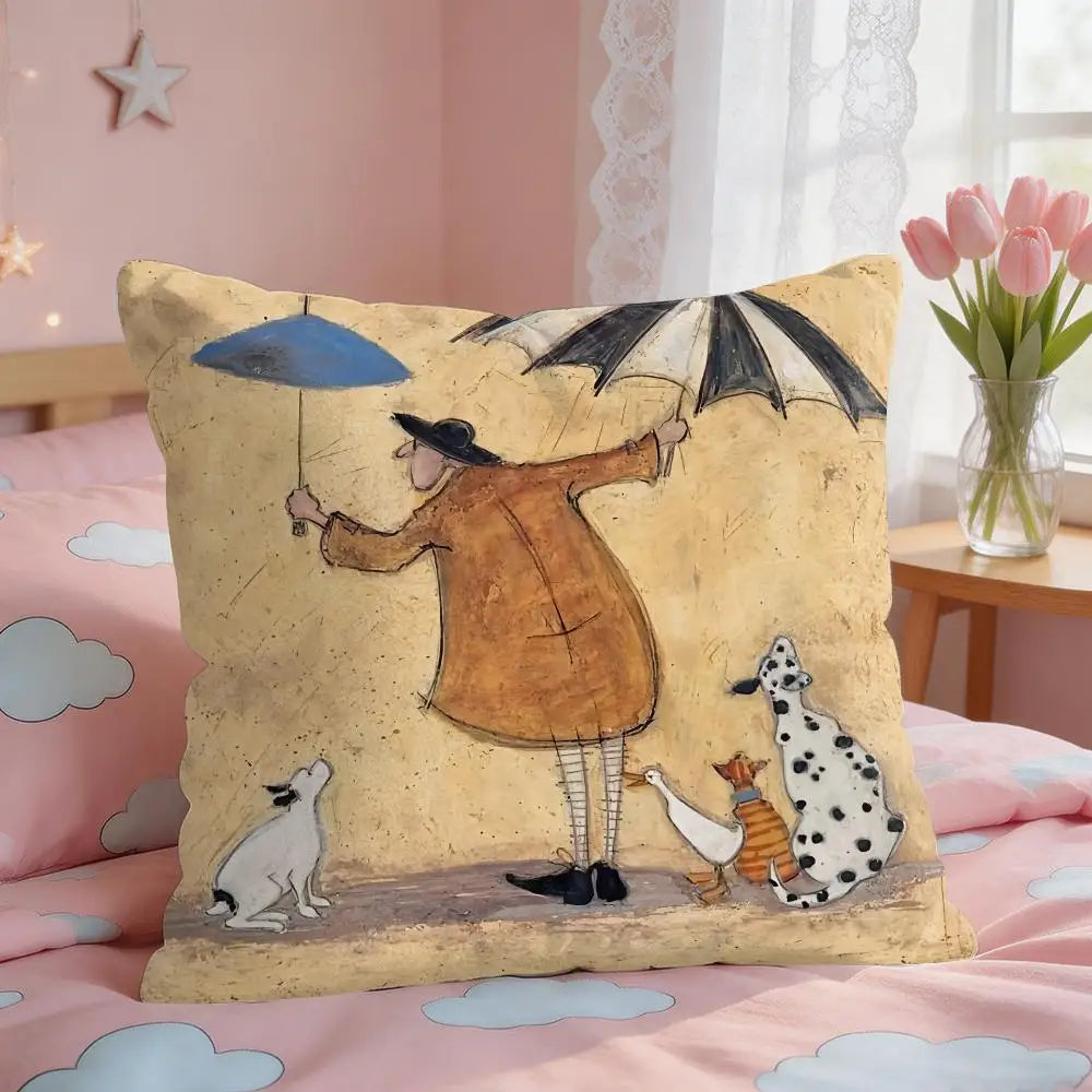 housse coussin carrée motif sorcière oiseaux cartoon polyester bleu clair gris vert zip 30x30cm