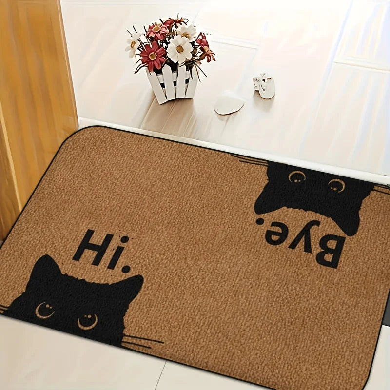 tapis moderne antidérapant chat noir yeux dorés textes hi bye entrée 50x80cm