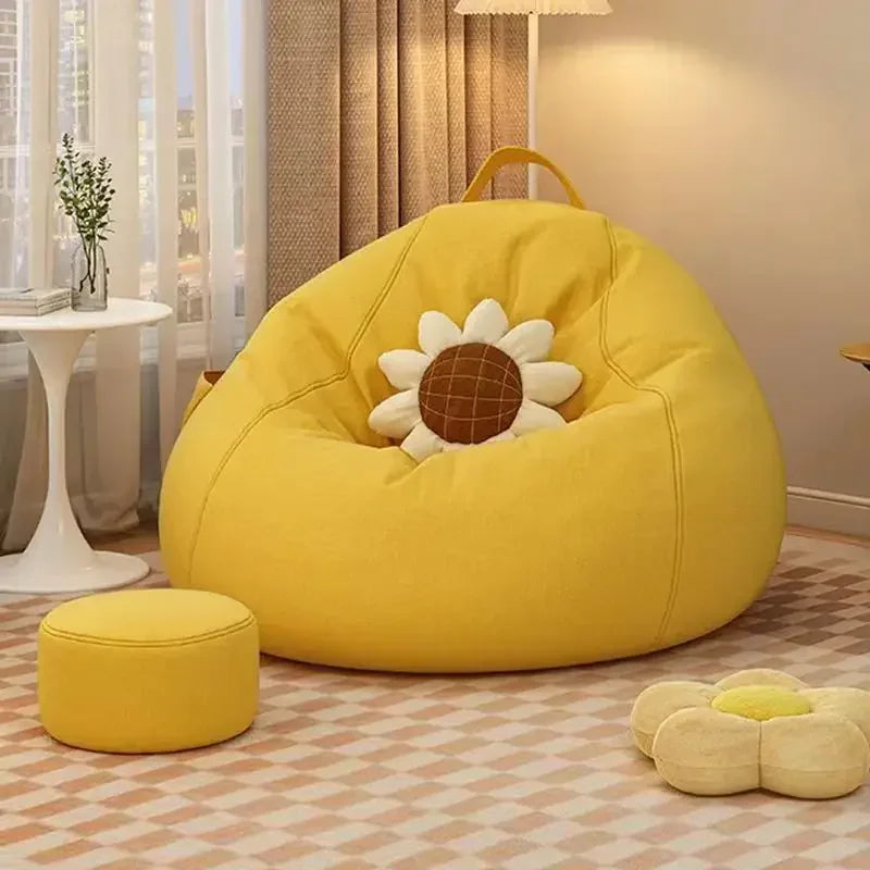 fauteuil moderne confortable jaune gris coussin tournesol reposepieds poignée amovible tissu unie chambre salon