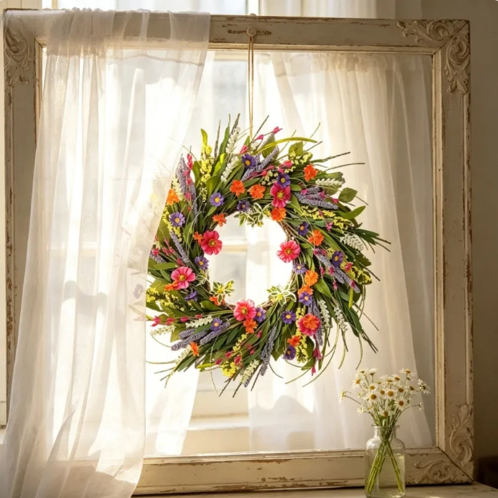 décoration murale couronne florale printemps couleurs vives champêtre papillons inclusintérieur accrochage bouclemétallique