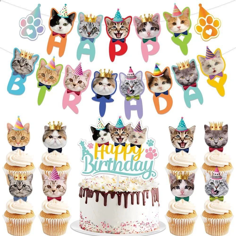 décoration fête chat multicolore lettres happy birthday animaux festives spirales