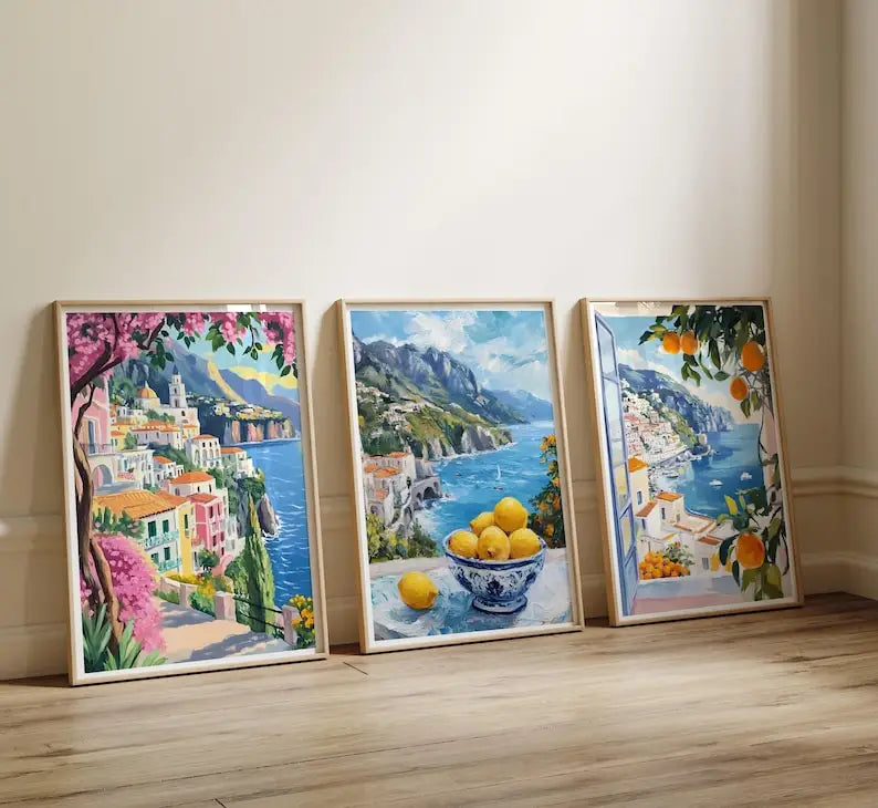 tableau multicolore paysage marin maison fleurs fruits moderne sans cadre toile impression chromatique