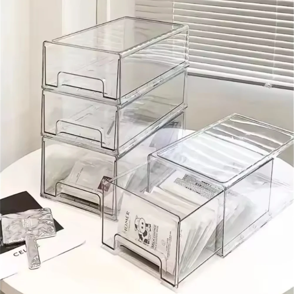 boîtes rangement transparentes modernes empilables tiroirs glissants papier stylos blocs notes cosmétiques fournitures