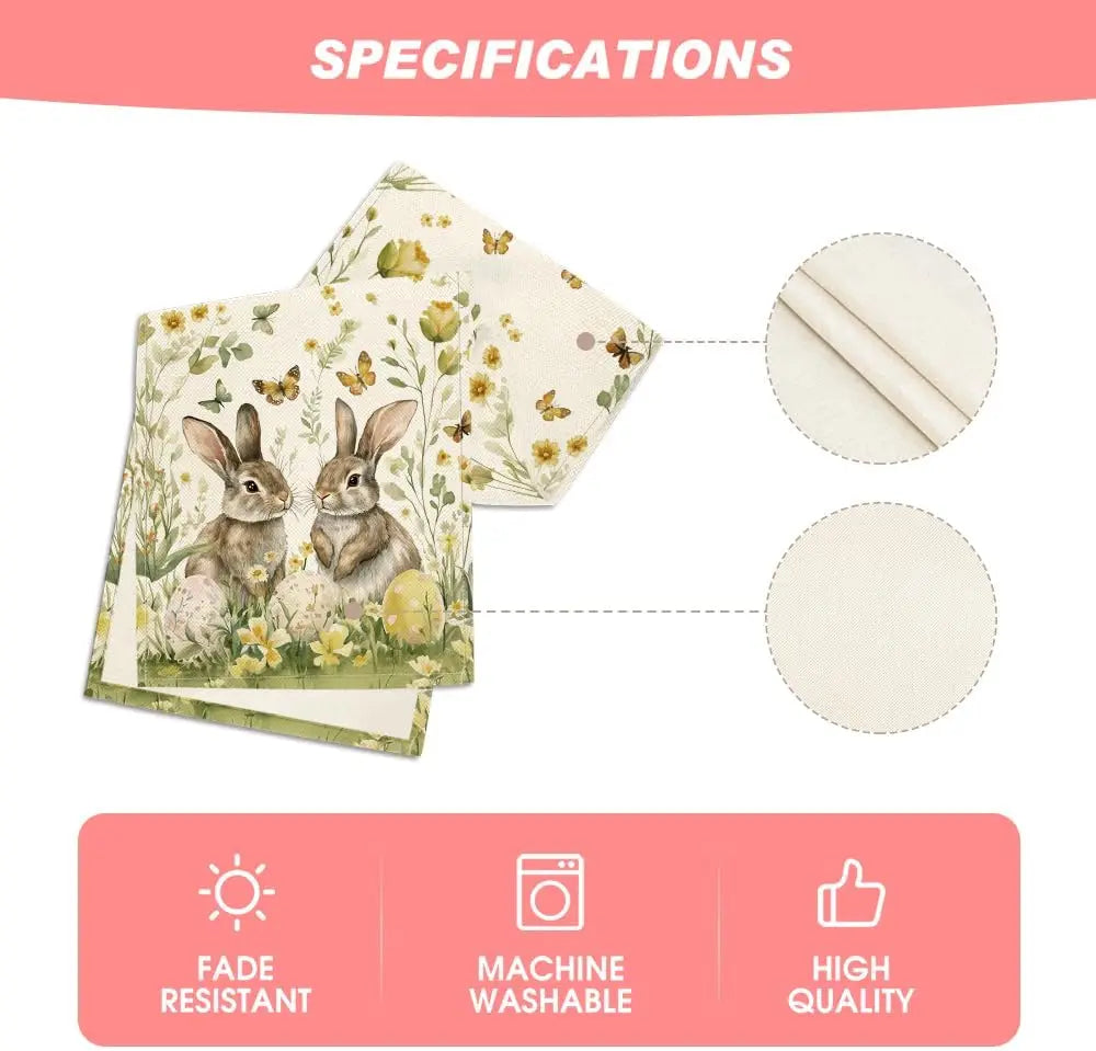 Une nappe de table avec une impression de lapins et de fleurs, résistante à la décoloration et lavable en machine pour une utilisation durable et de haute qualité.