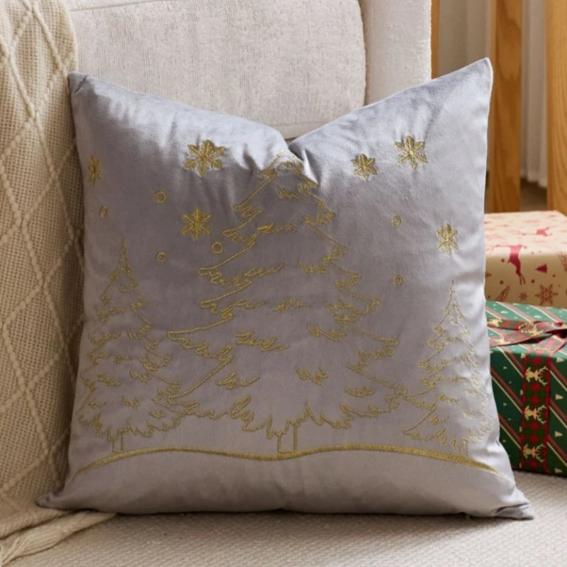 housse coussin brodée arbre noël moderne 45x45cm polyester coton velours rouge vert bleu gris