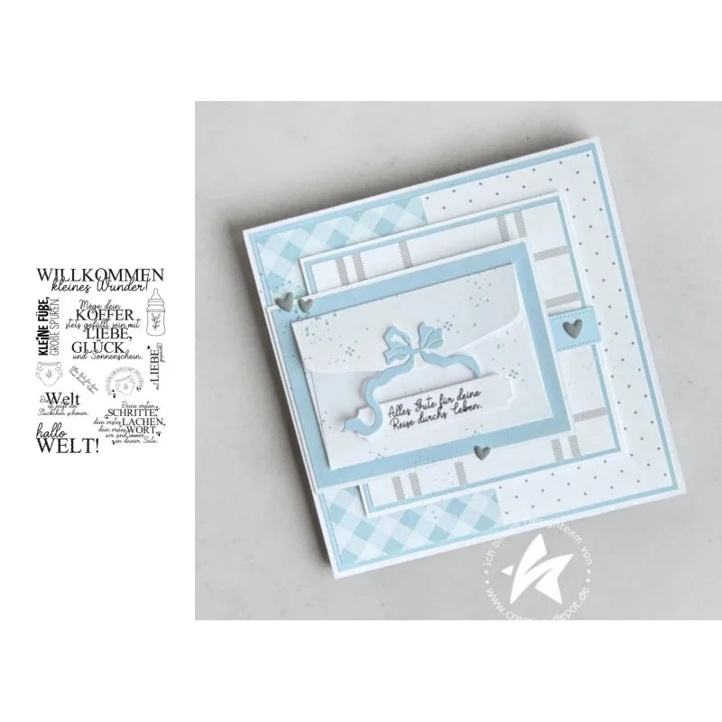 matrices découpe tampons scrapbooking carte postale ruban coeurs points carreaux bleu clair blanc artisanal