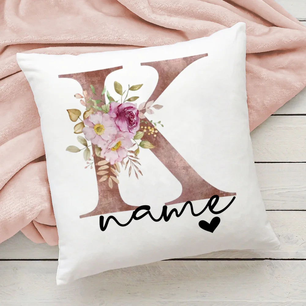 taie d'oreiller motif floral rose lettres initiales respectueux environnement moderne blanc