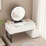 maquillage moderne marbre blanc tiroirs miroir pinceaux bouteilles pieds noirs