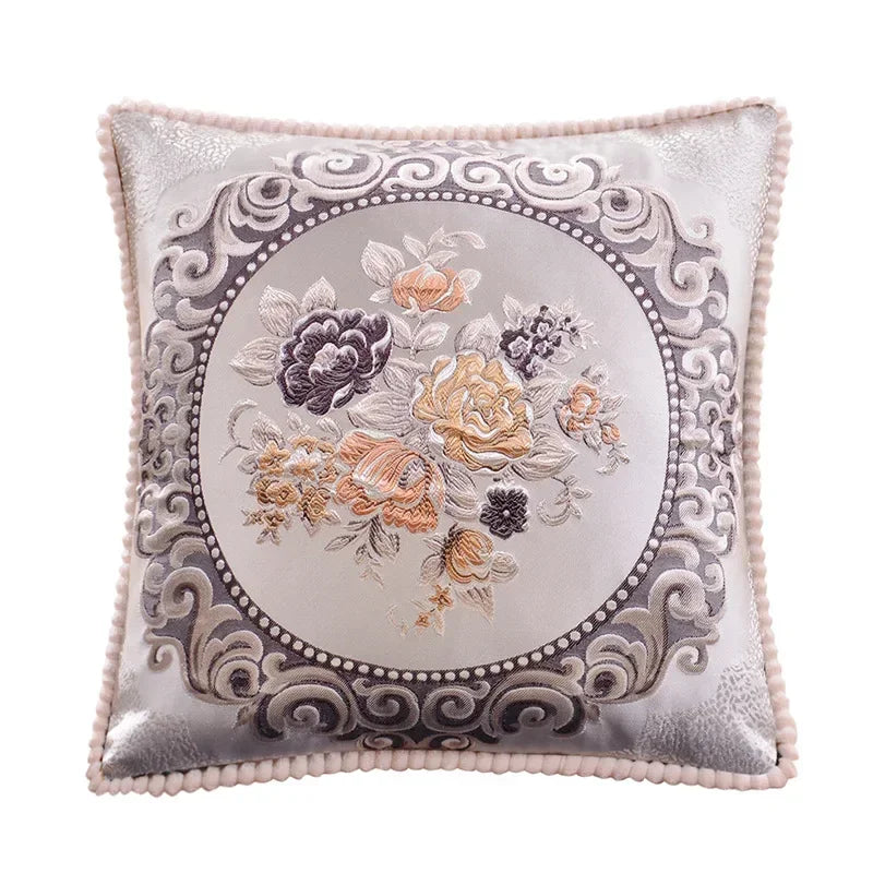 taie d'oreiller polyester broderies florales beige rouge bleu clair marron gris maison hospitalière élégante