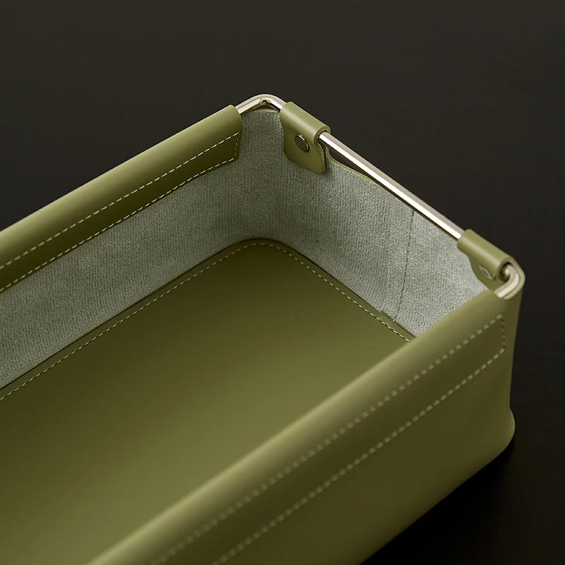 boîtes rangement cuir simili moderne minimaliste beige vert olive noir poignées métalliques