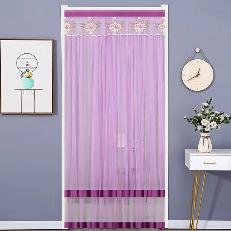 rideau porte anti moustiques blanc jaune violet rose broderie cerfs fleurs transparent classique ruban