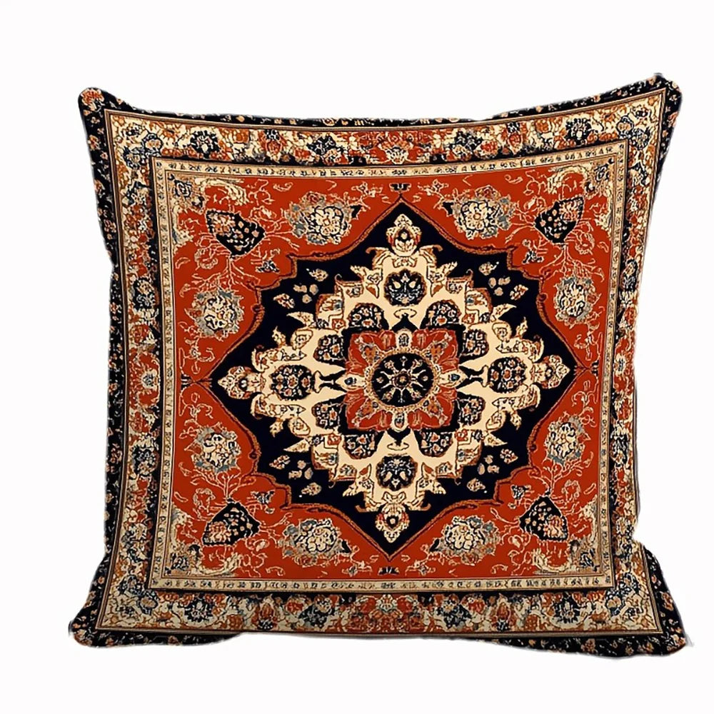 taies d'oreiller décoratives motifs floraux géométriques vintage bleu marine orange beige blanc polyester peachskin
