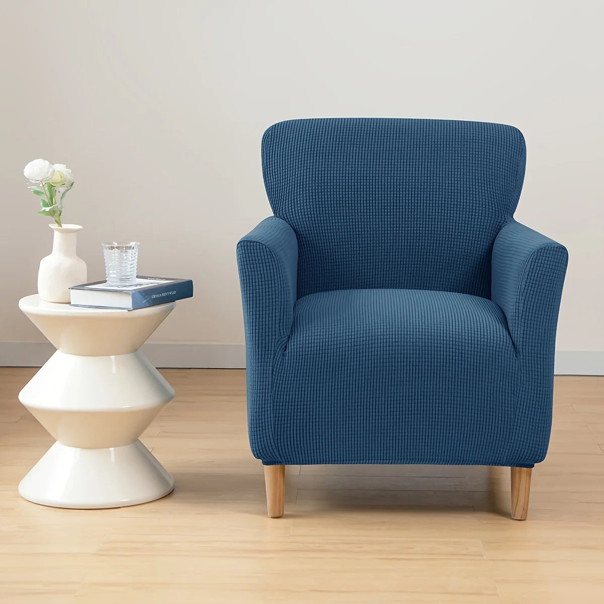 housse fauteuil jacquard carreaux moderne bleu beige gris extensible adhésif