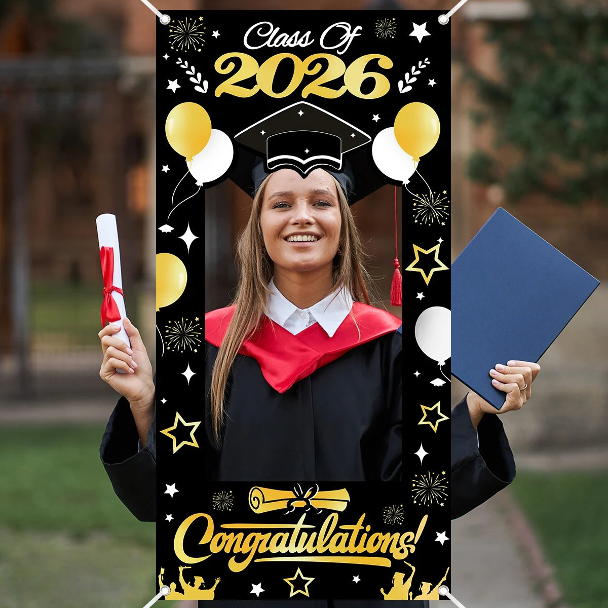Cadre photo personnalisable graduation motifs diplômes confettis étoiles dorées noir doré clips inclusion cérémonie