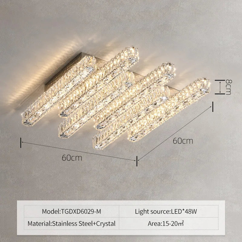 Lampe suspension cristal transparente argentée moderne tringle acier inoxydable led dimmable 10 15m²
