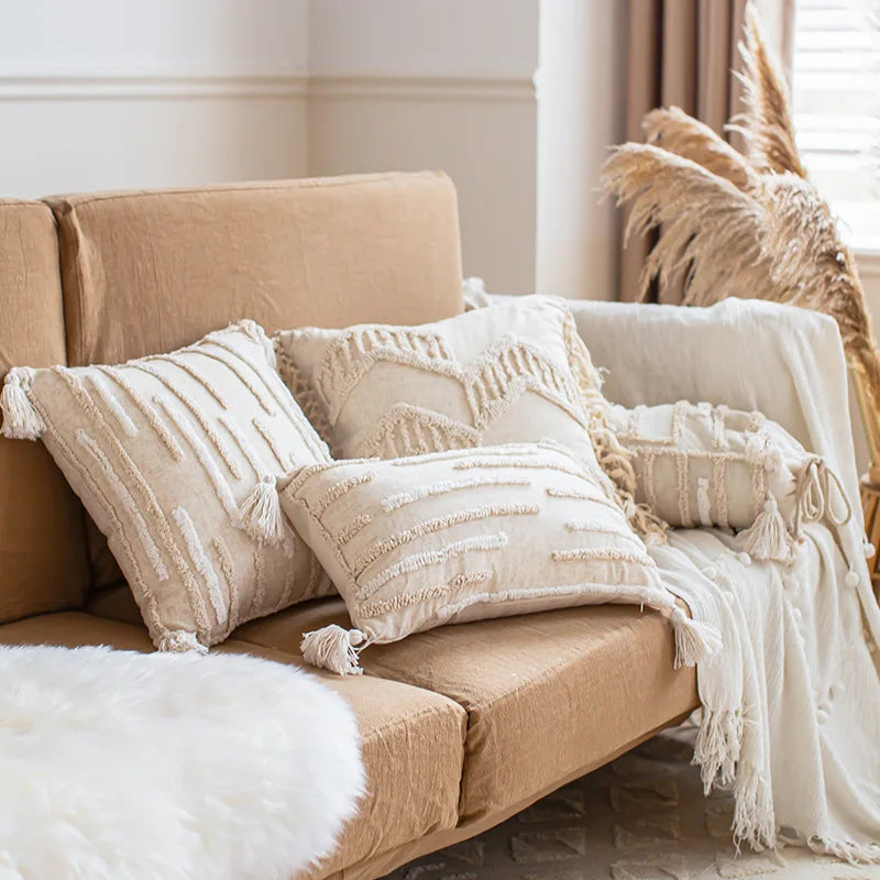 coussin boho chic brodé franges polyester beige décoratif rectangle 45x45cm