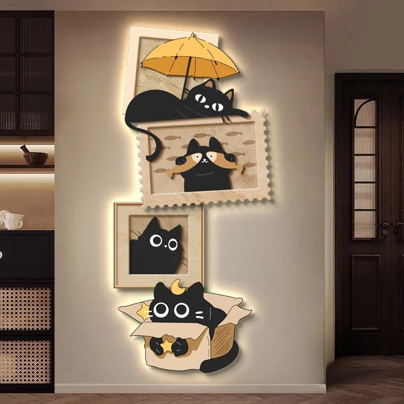 horloge murale moderne dessins animés chats noir beige jaune applique led cuisine salle manger
