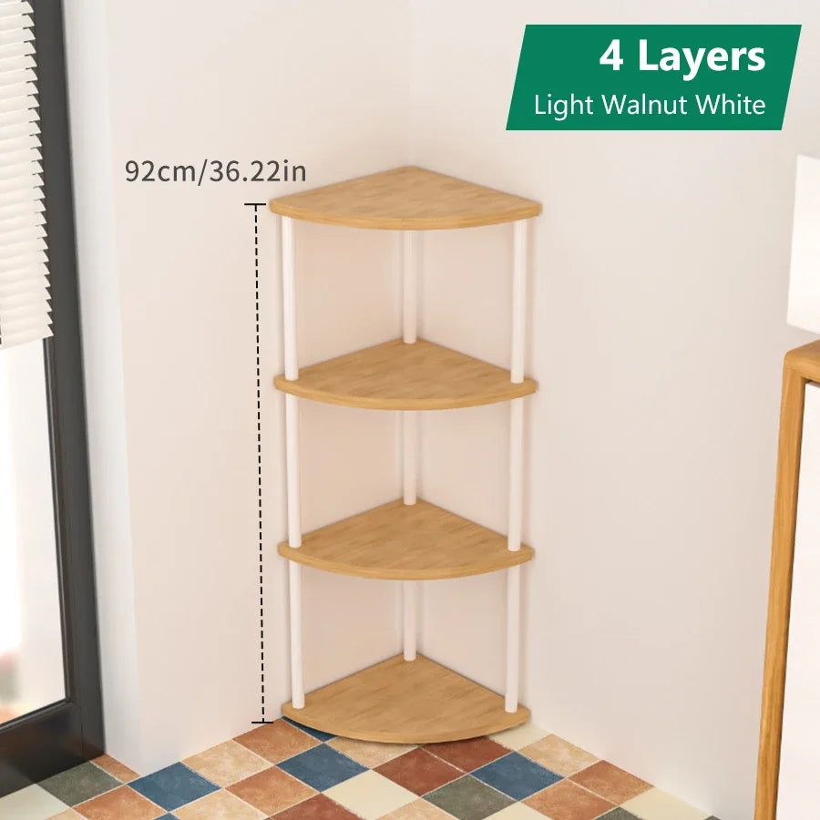 étagère d'angle murale bois moderne brun foncé rangement livres décorations plantes chambre salon minimaliste