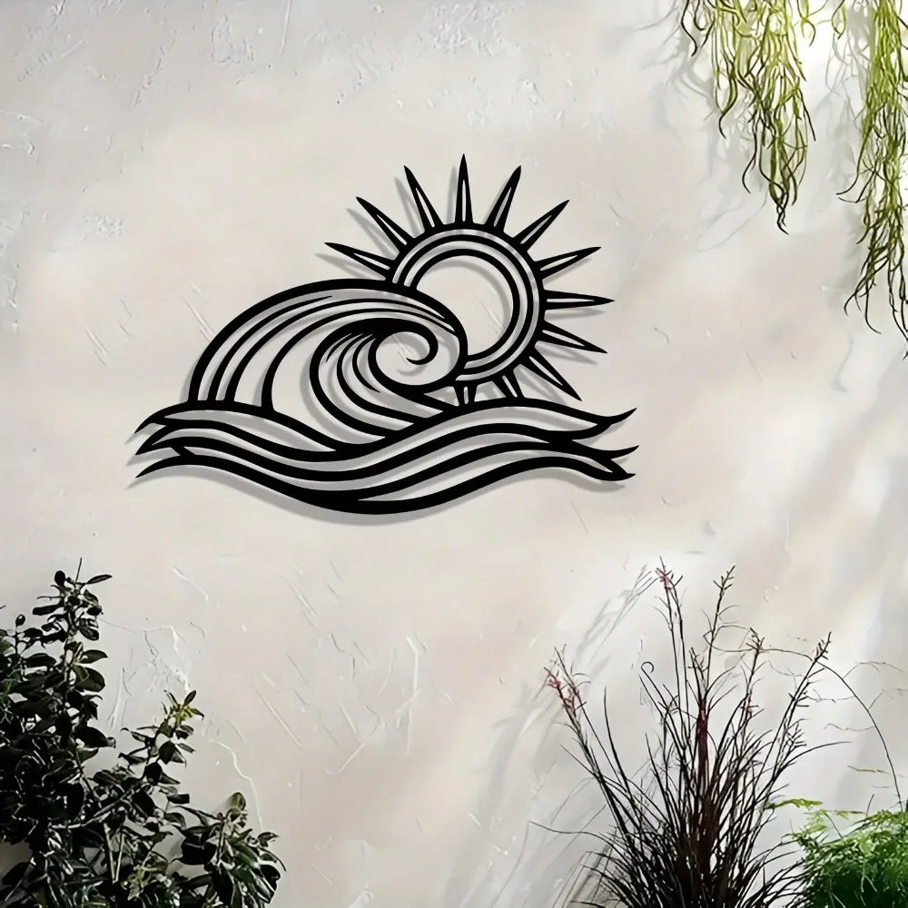 décoration murale métal soleil vague noir moderne intérieur extérieur plaque