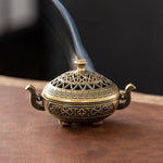 censer artisanal bronze ornementé motifs géométriques vintage floral deco maison