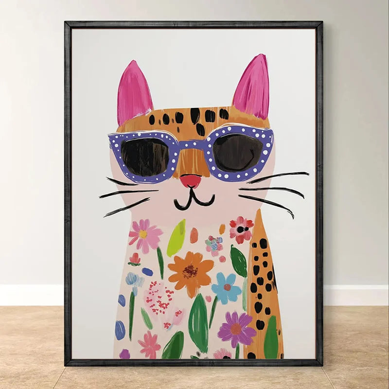 affiche murale chat lunettes fleurs colorée moderne blanche rose bleue verte orange jaune rougeviolette