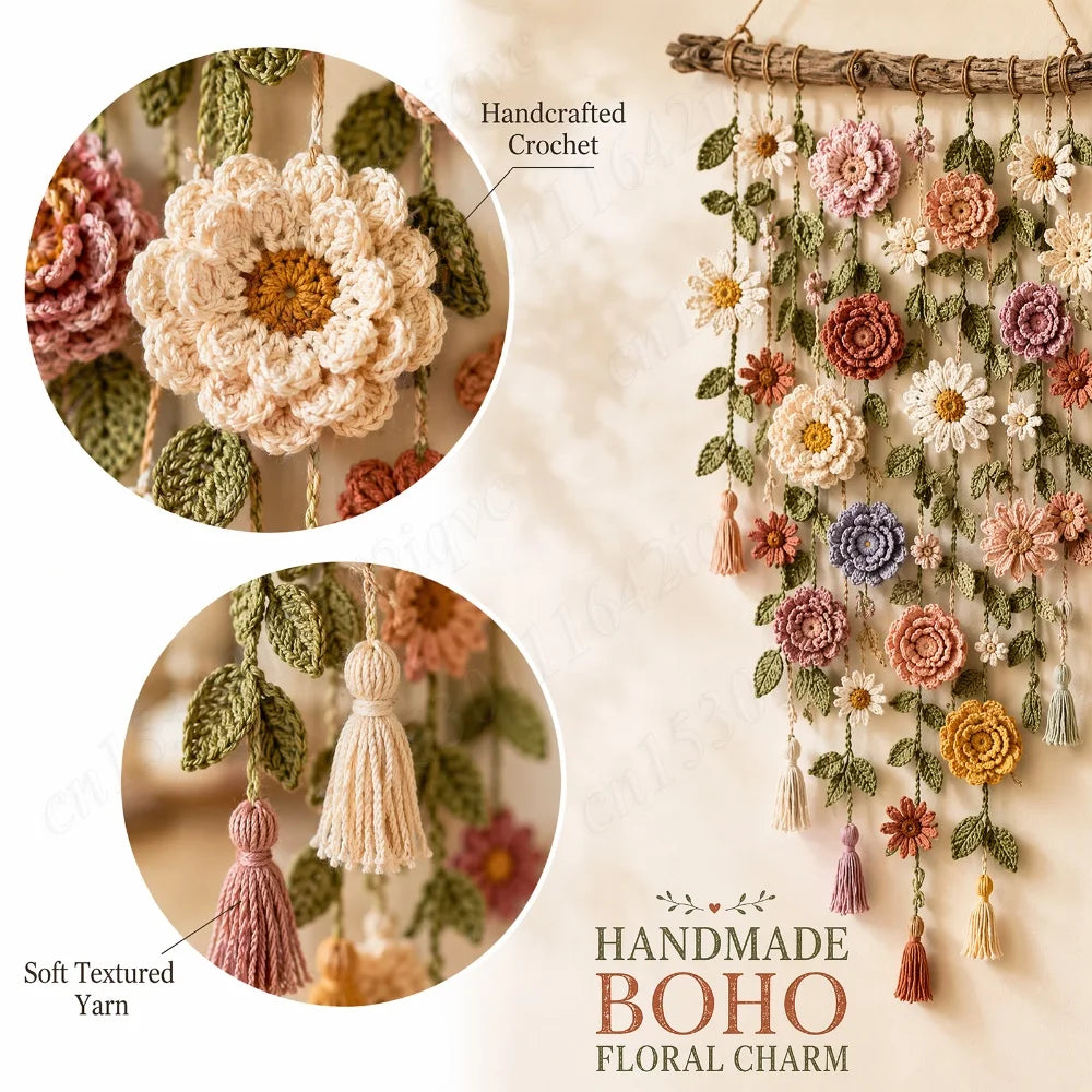 décoration murale boho multicolore fleurs crochetées feuilles pompons bois cascade