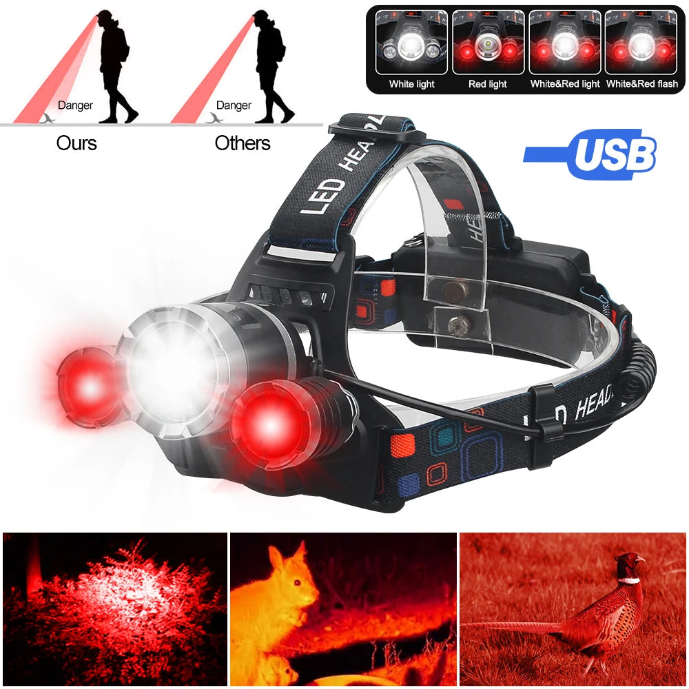 lampe frontale led rechargeable noir bandeau ajustable deux lumières étanche camping randonnée pêche nocturne