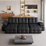 canapé d'angle moderne cuir noir boutons carrés coussins reposé pieds multifonctionnel