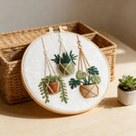 Kit broderie plantes suspendues tissu imprimé fils aiguilles cerceau instructions bohème artisanal débutants