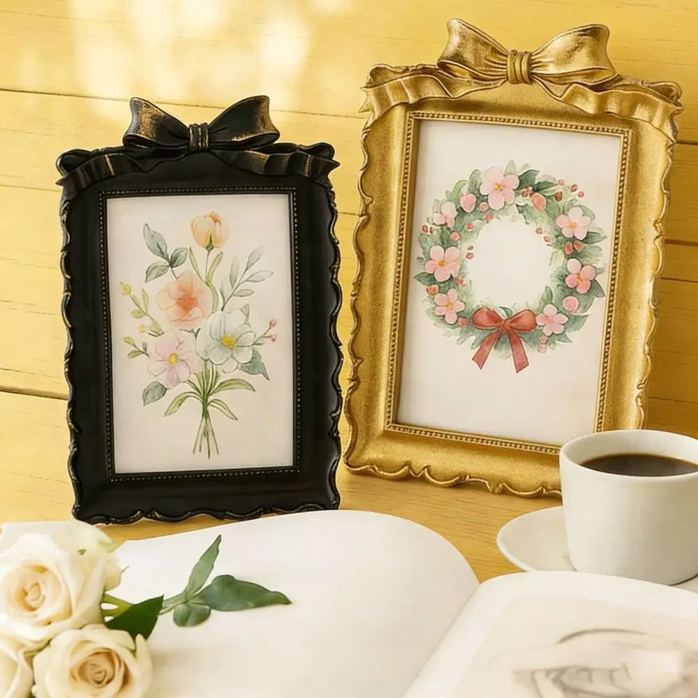 cadre photo vintage shabby chic résine or noir décoration florale vieillie rouleaux vagues nœud