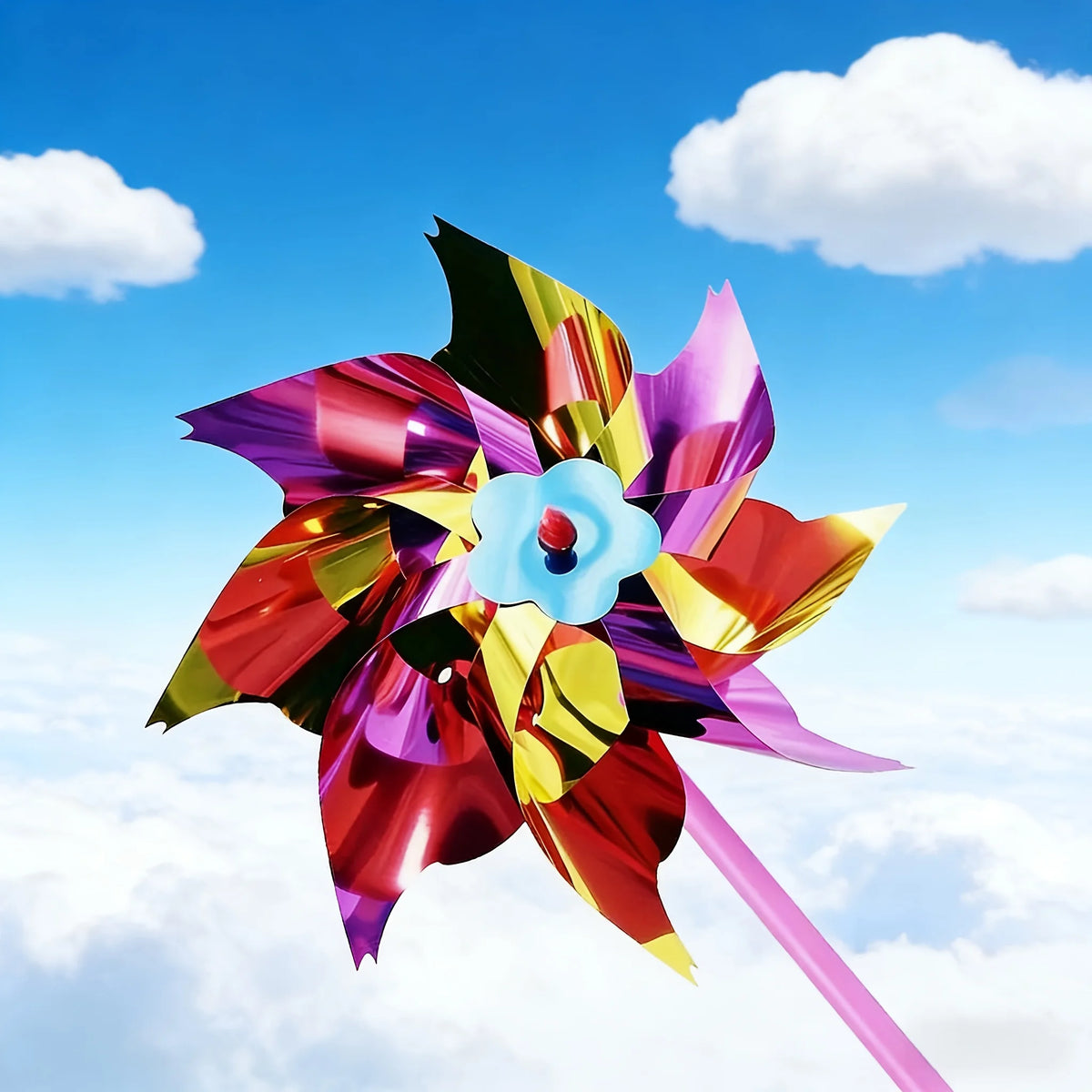 tournebroches pinwheels multicolores métalliques brillants festifs extérieurs décoration jardin fêtes enfants rouges jaunes