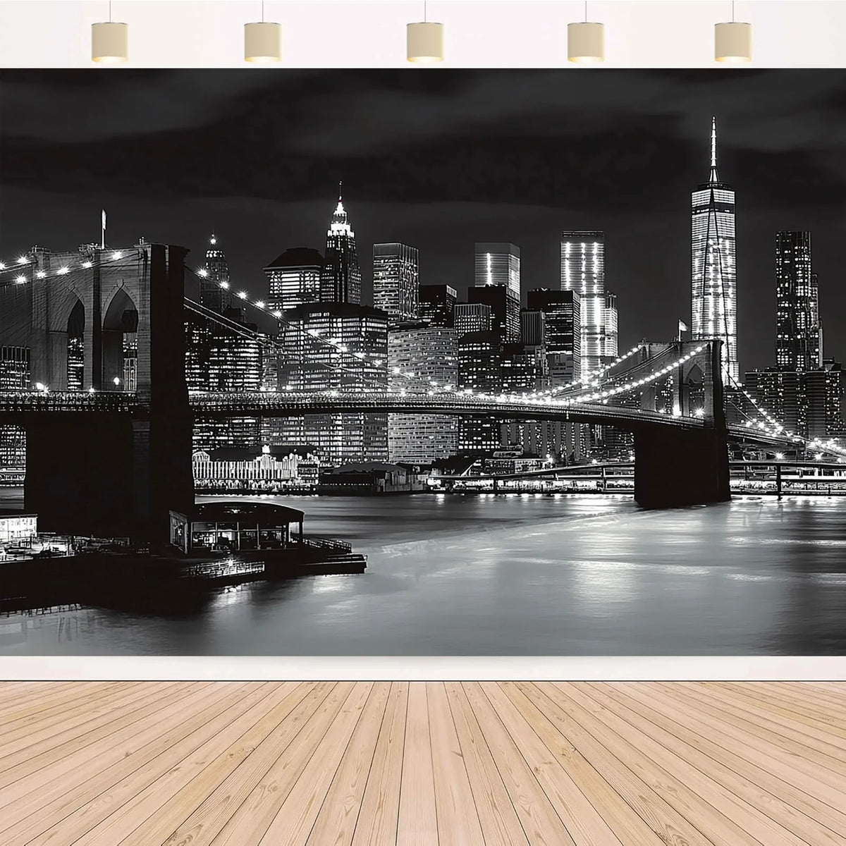 panneau mural moderne york paysage urbain nocturne clips noir blanc 100x150cm