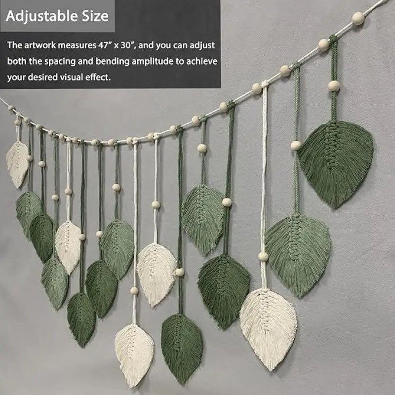 guirlande murale boho feuilles vert sauge blanc tissage macramé naturel