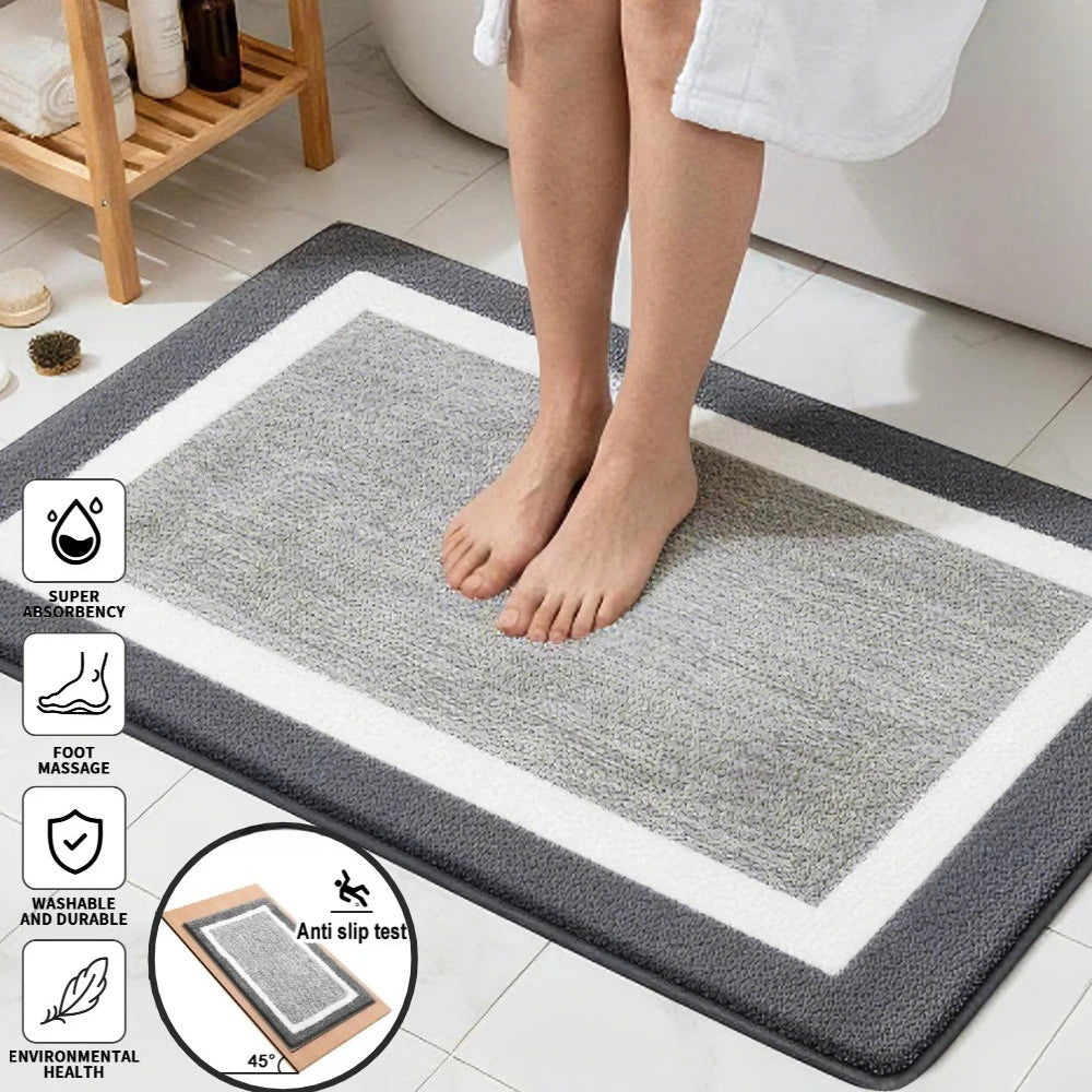 tapis bain microfibre absorbant doux moderne gris blanc bordure blanche rapide séchage respectueux environnement
