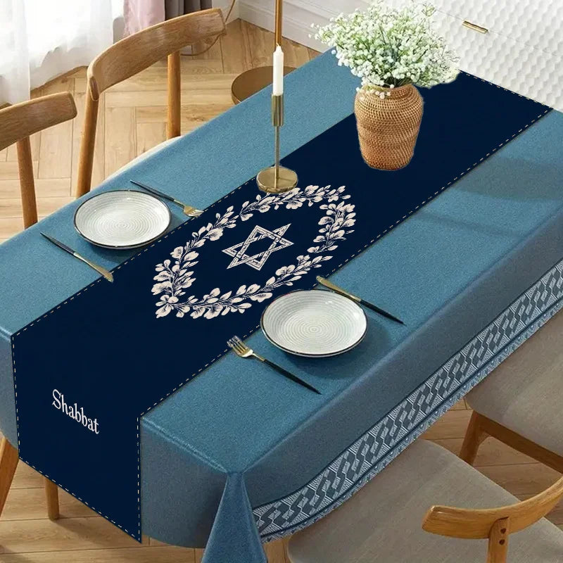 chemin table étoile david shabbat bleu marine blanc classique lin maison festif
