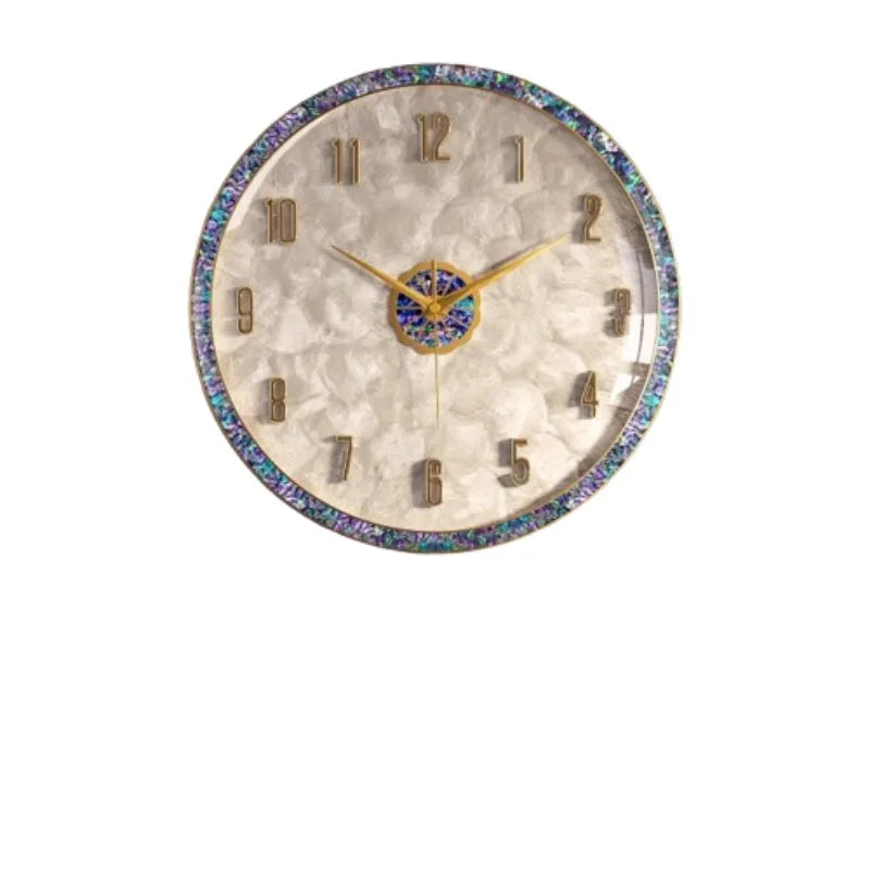 horloge murale moderne décorative aiguille géométrique nacre doré blanc iridescent