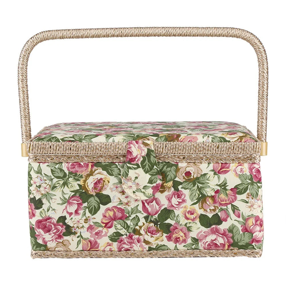 boîte couture vintage fleurs roses vertes miroir poignée osier compartiments outils couture beige