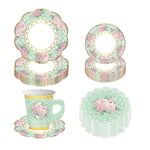 vaisselle jetable service thé ensemble 16 invités tasses assiettes serviettes fleurs roses vintage vert