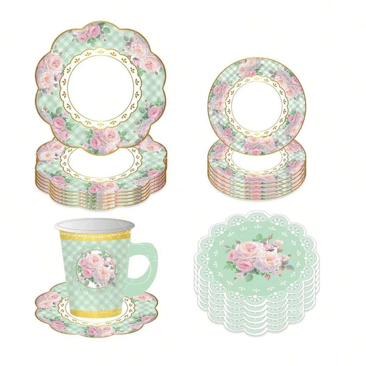 vaisselle jetable service thé ensemble 16 invités tasses assiettes serviettes fleurs roses vintage vert