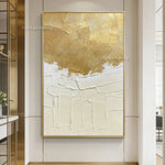 tableau abstrait contemporain doré blanc lignes ondulées toile rectangle vertical sans cadre