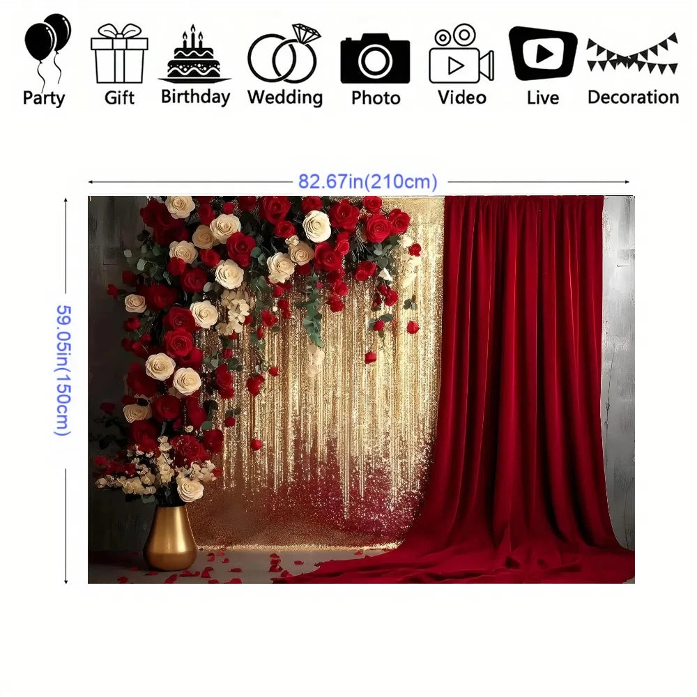 rideau rouge sequins moderne fleurs artificielles mariage anniversaire terylene 100x150cm 150x210cm 180x230cm 210x300cm