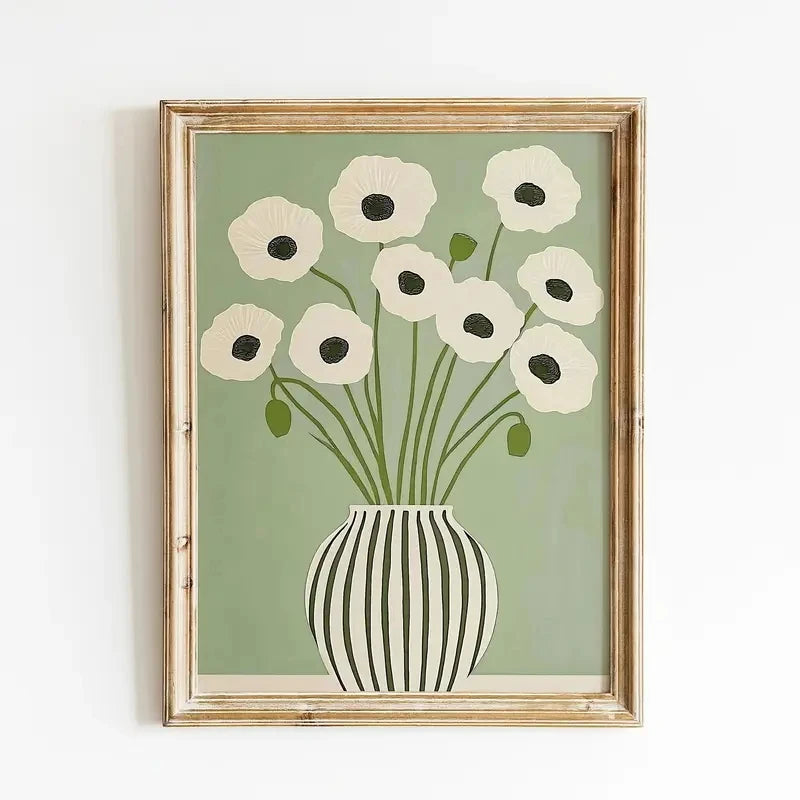 tableau moderne minimaliste toile fleurs blanches vase rayé noir blanc chambre salon decoration cadeau