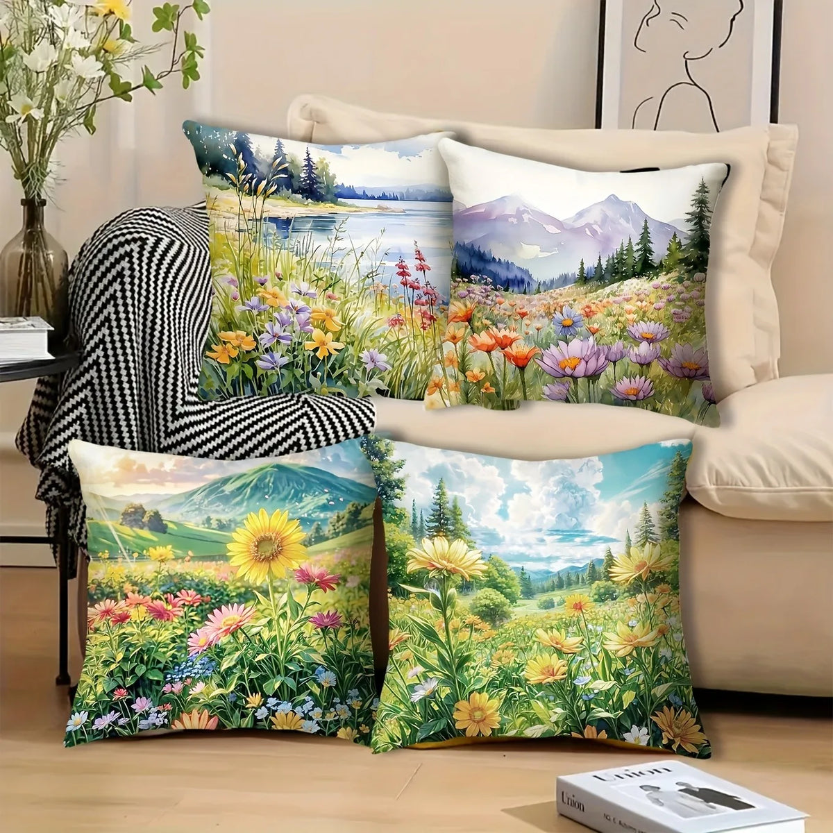 housse coussin polyester multicolore motif floral fleurs montagnes décoration maison chambre salon