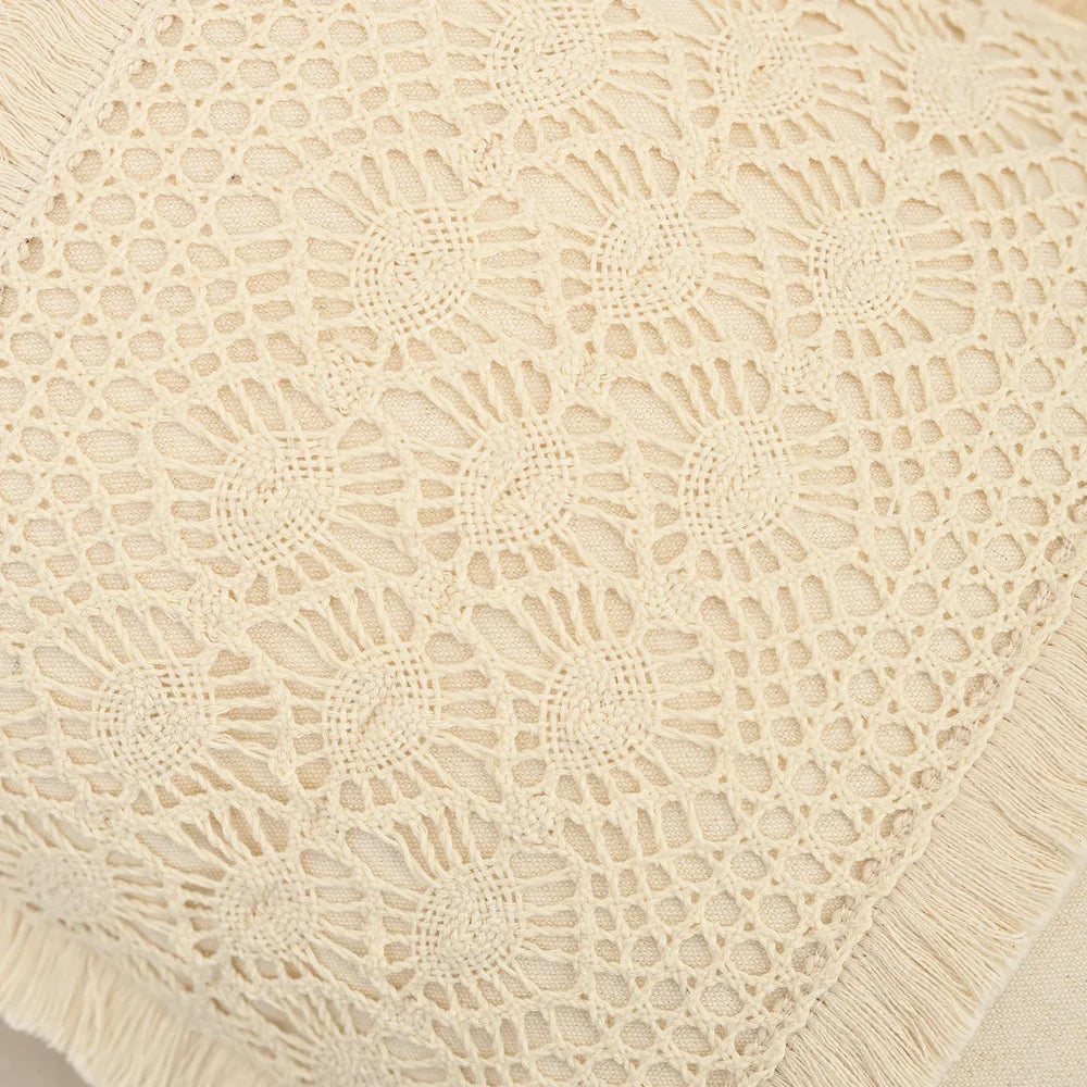 housse coussin bohème coton lin crochet beige vintage zippée maison canapé chaise voiture 45x45cm