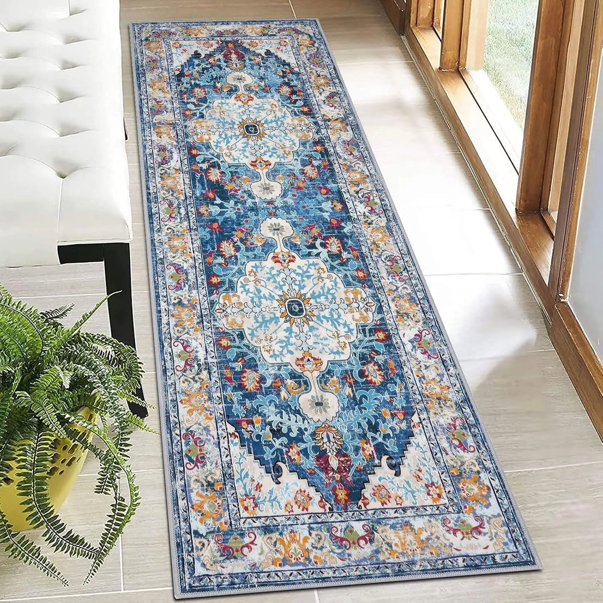 tapis géométrique bohème bleu blanc orange salon salle bain moderne ornement floral