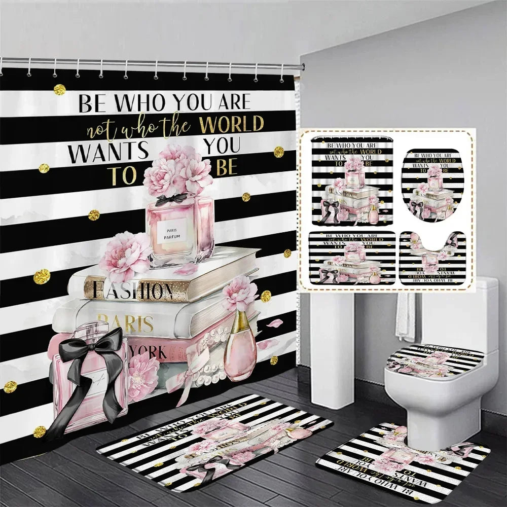 ensemble décoration salle bain rideau douche tapis sol couvercle toilette motif fleur rose