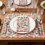 serviettes table classiques fleurs roses jaunes bordure bleue coton rose vert blanc