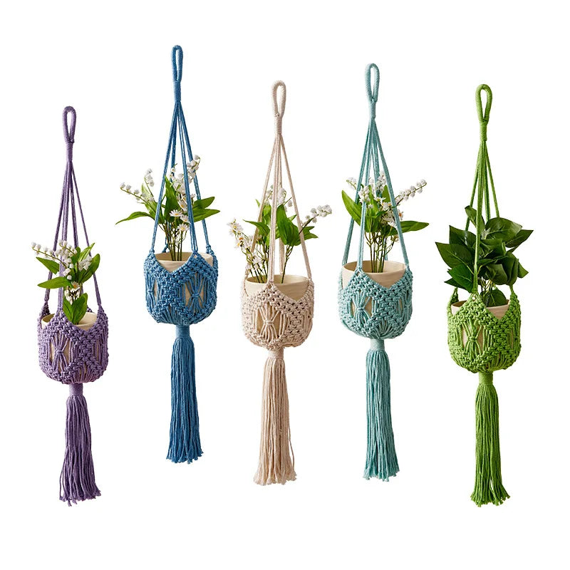 supports plante macramé tissé main motifs géométriques boho couleurs violet bleu beige vert